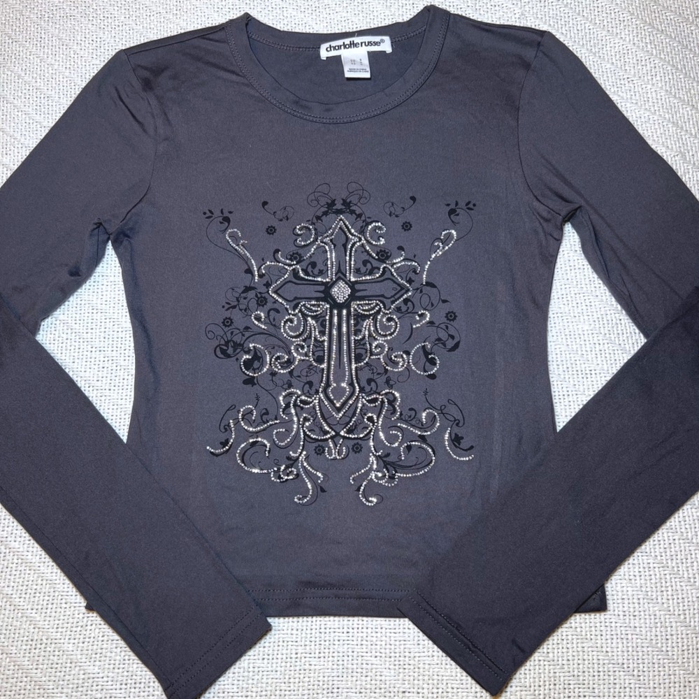 Charlotte Russe Y2K Rhinestone Cross Graphic Long Sleeve Top Gray Small